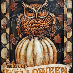 Whimsical Retro Happy Halloween Owl Pumpkin Leaves Rustic Checked Border UV-Coated Aluminum Metal Door Decor Wreath Sign Made in the USA