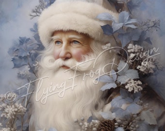 May include: A white-bearded Santa Claus with a white fur-trimmed hat, wearing a blue and white patterned coat, surrounded by blue and white foliage.