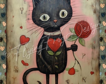 Vintage Valentine's Day Primitive Cat Heart  My Love Is Like A Red Rose Wreath Sign UV-Coated Aluminum Door Decor Proudly Made in the USA