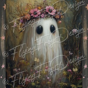 May include: A white ghost with large black eyes wearing a crown of pink flowers. The ghost is standing in a forest setting with green foliage and pink flowers.