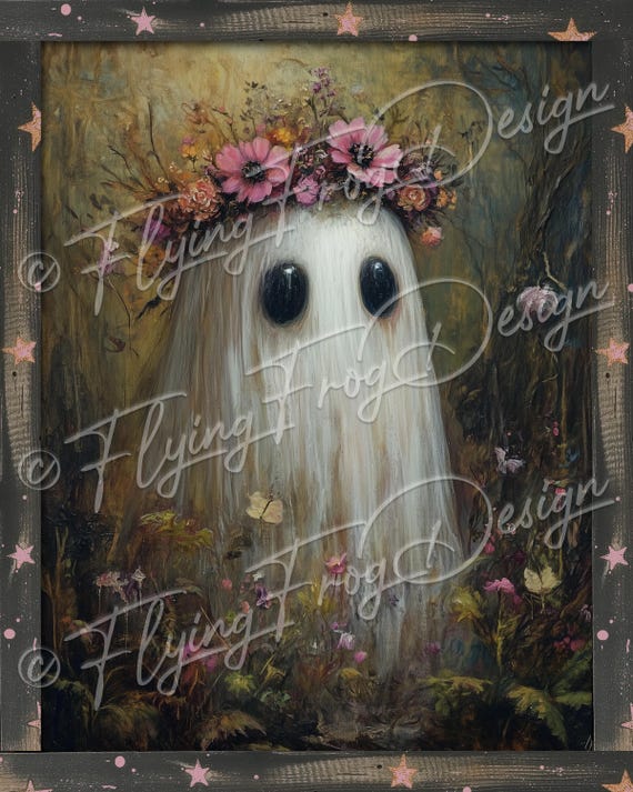 Whimsical Spooky Halloween Girl Sheet Ghost Pink Flower Crown Stars UV-Coated Aluminum Metal Door Decor Wreath Sign Made in the USA