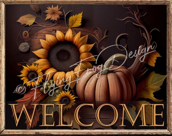 Primitive Vintage Autumn Fall Welcome Pumpkin Sunflowers Vines UV-Coated Aluminum Wreath Sign Door Decor Proudly Made in the USA