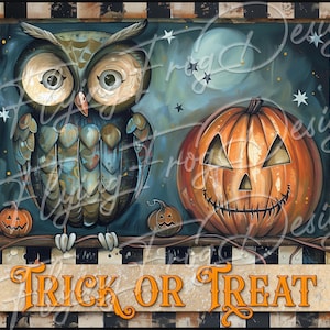 Whimsical Retro Trick Or Treat Large Owl Pumpkins Rustic Checked Border UV-Coated Aluminum Metal Door Decor Wreath Sign Made in the USA