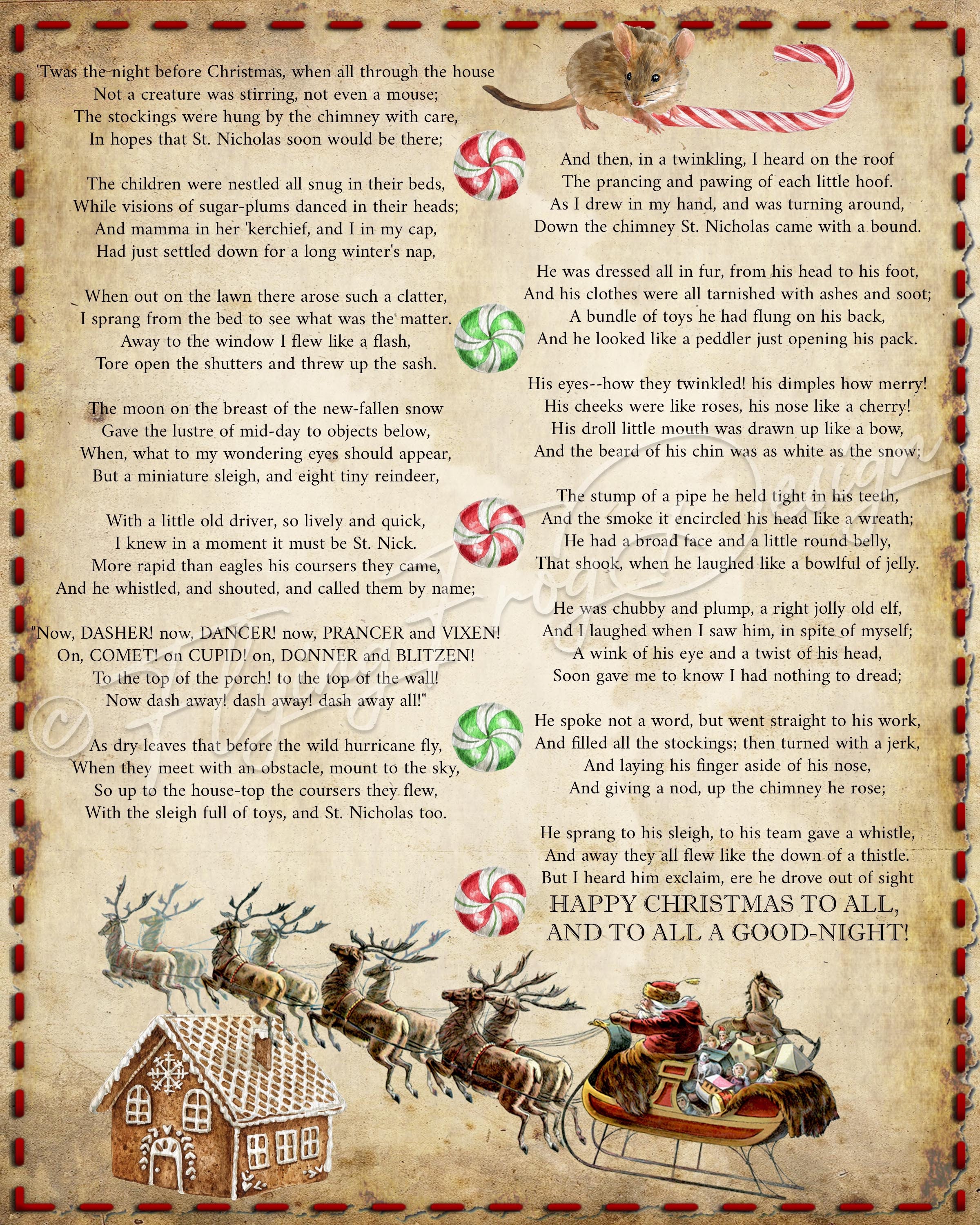 Vintage #39 twas the Night Before Christmas Full Poem Wreath Sign Uv