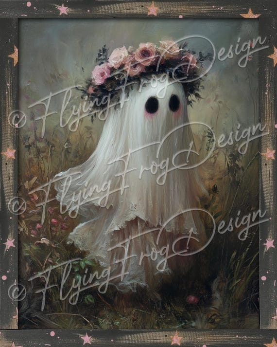 Whimsical Spooky Halloween Girl Sheet Ghost Pink Flowers Crown Stars UV-Coated Aluminum Metal Door Decor Wreath Sign Made in the USA
