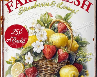 Vintage Retro Farm Fresh Strawberries and Lemons In A Basket 3 UV-Coated Aluminum Metal Door Decor Wreath Sign Proudly Made in the USA