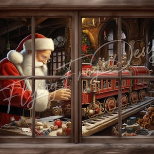 May include: Santa Claus is working in his workshop, assembling a large red toy train. The train has gold accents and is on a track. There are other toys scattered around the workshop, including a teddy bear and a wooden toy.