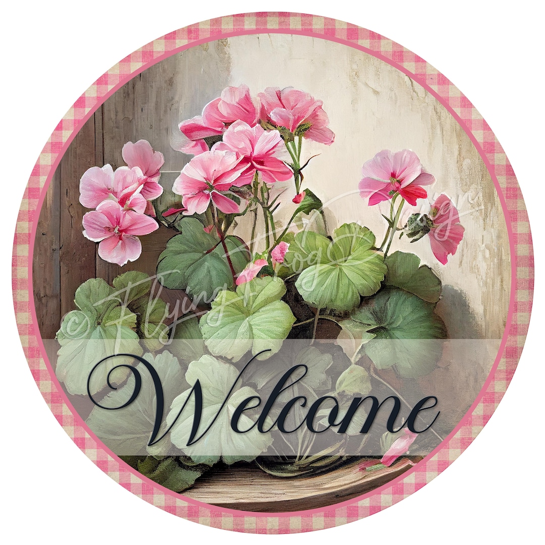 Exclusive Design! Vintage Welcome Watercolor Geranium Gingham Uv-coated ...