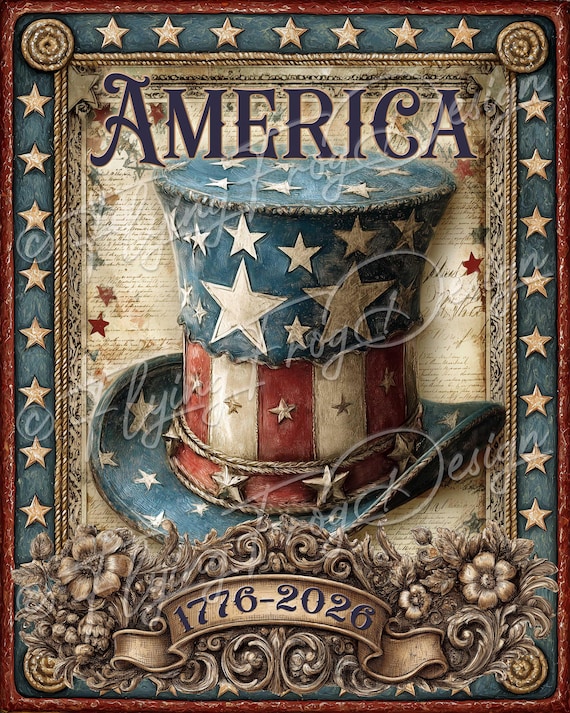 Vintage Americana Patriotic 1776-2026 July 4th Flag Top Hat UV-Coated Aluminum Metal Door Decor Wreath Sign Made in the USA