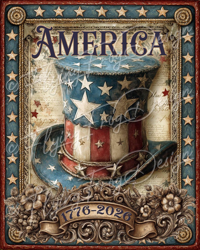 Vintage Americana Patriotic 1776-2026 July 4th Flag Top Hat UV-Coated Aluminum Metal Door Decor Wreath Sign Made in the USA afbeelding 1