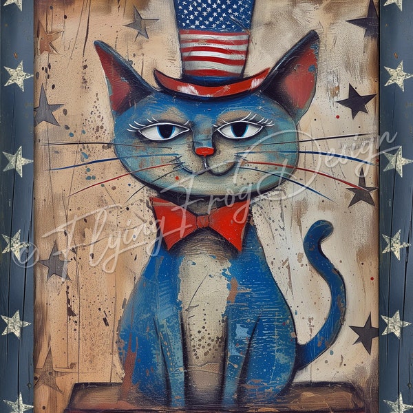 Vintage Americana America Patriotic Primitive Cat July 4th Yankee Doodle UV-Coated Aluminum Metal Door Decor Wreath Sign Made in the USA