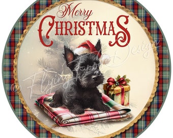 EXCLUSIVE!!! Vintage Scottie Dog Christmas Winter Plaid UV-Coated Aluminum Round Wreath Sign Door Decor Wreath Signs Proudly Made in the USA