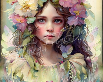 Vintage Flower Fairy Crown  Wings Purple Lavender Green Yellow Watercolor UV-Coated Aluminum Wreath Sign Door Decor Proudly Made in the USA