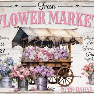 Vintage Fresh Flower Market Cart  Purple Blue Hydrangea Roses Peonies UV-Coated Aluminum Door Decor Wreath Signs Metal Made in the USA