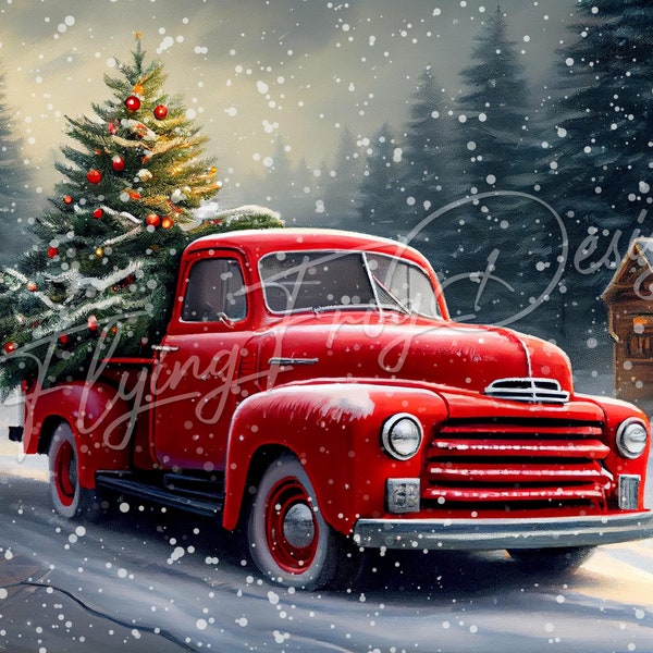 Vintage Red Pick Up Truck Christmas Tree Cabin Snow Pine Tree UV-Coated Aluminum Metal Door Decor Wreath Sign Made in the USA