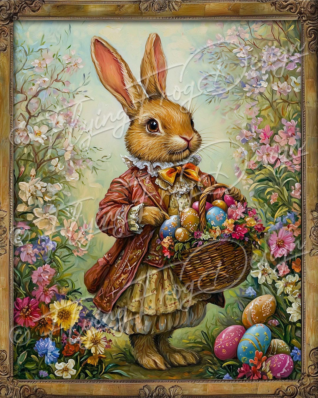 Vintage Watercolor Spring Easter Bunny Flowers Eggs Spiffy Clothes ...