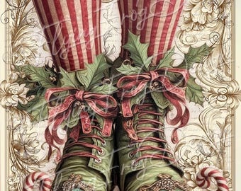 Whimsical Merry Christmas Elf Legs Pointy Shoes Red Stripe Stockings Holly 1 UV-Coated Aluminum Metal Door Decor Wreath Sign Made in the USA