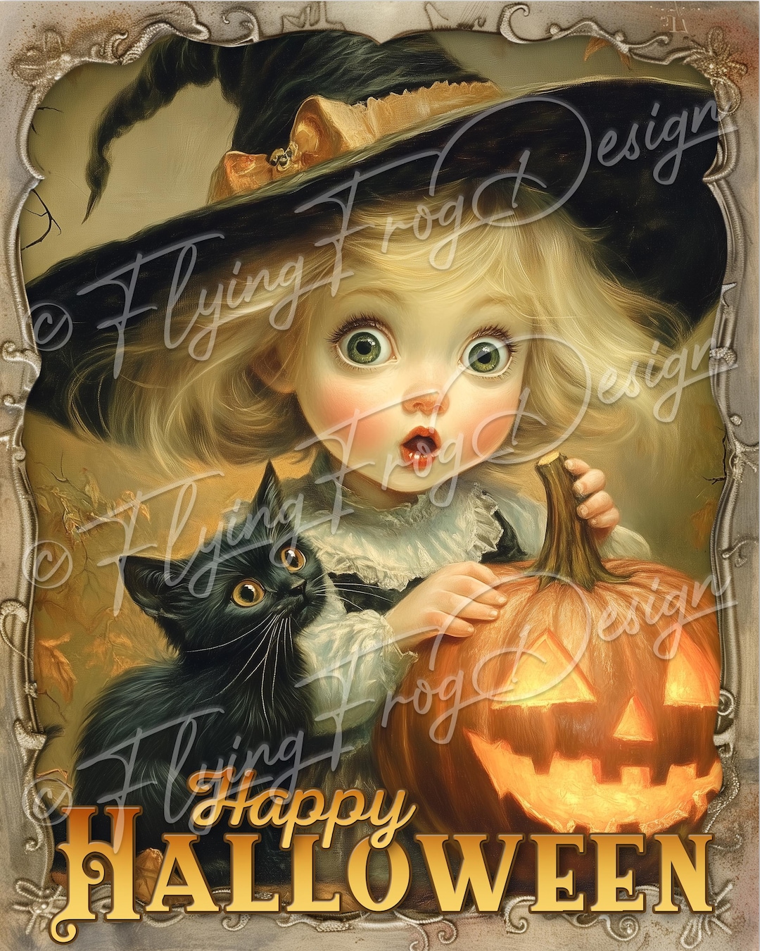Vintage Retro 50s Halloween Children Witch Hat Jack O' Lantern Black ...