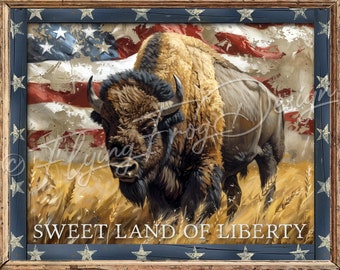 Vintage Americana Patriotic Flag Buffalo July 4th Sweet Land Of Liberty UV-Coated Aluminum Metal Wall Door Decor Wreath Sign Made in the USA