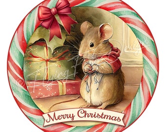 May include: A cute mouse wearing a red coat and holding a blue ribbon stands in front of a stack of wrapped gifts. The background is a candy cane striped circle with the text "Merry Christmas" in a banner.