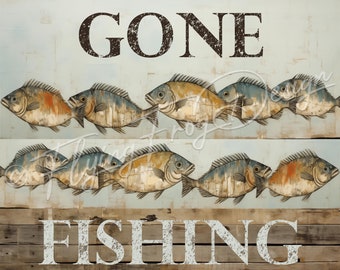 Vintage Gone Fishing Sea Beach Ocean Distressed UV-Coated Aluminum Wreath Sign Door Decor Wreath Proudly Made in the USA
