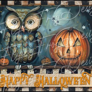 Whimsical Retro Happy Halloween Large Owl Pumpkins Rustic Checked Border UV-Coated Aluminum Metal Door Decor Wreath Sign Made in the USA