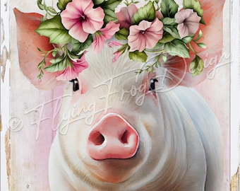Vintage Rustic Pig Flower Crown Wreath Pansies Flowers UV-Coated Aluminum Wreath Sign Door Decor Proudly Made in the USA