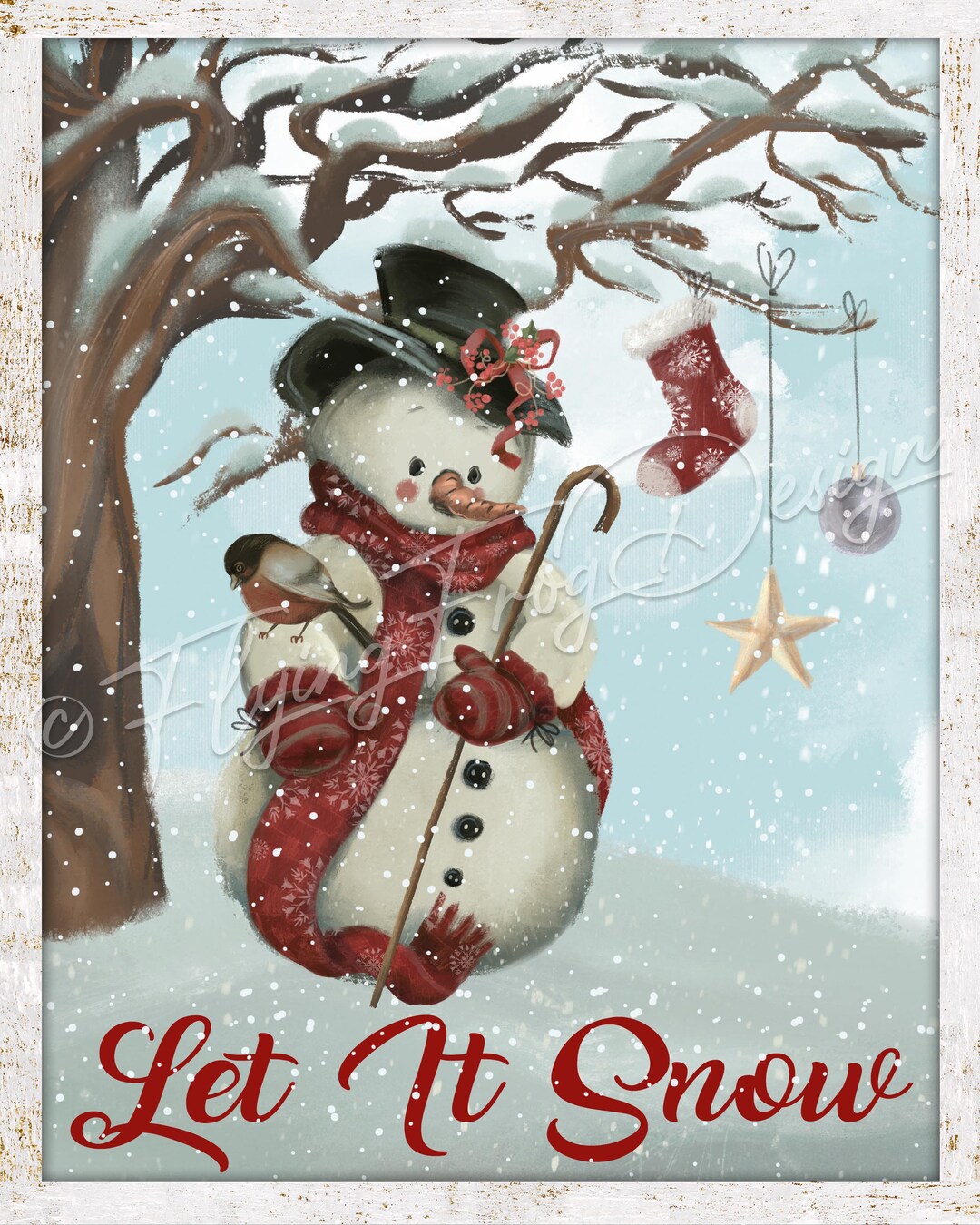 Vintage Snowman Whimsical Let It Snow Top Hat Red Scarf Stockings Stars