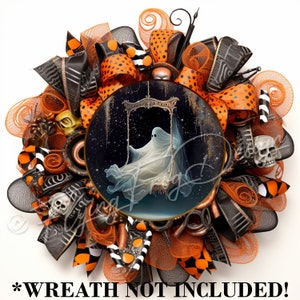 May include: A Halloween wreath with a black, orange, and white color scheme. The wreath features a round, framed image of a ghost on a swing against a starry night sky. The wreath is decorated with black and white polka dot ribbon, black and white striped ribbon, and black mesh.