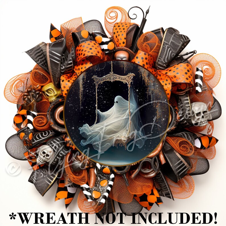 May include: A Halloween wreath with a black, orange, and white color scheme. The wreath features a round, framed image of a ghost on a swing against a starry night sky. The wreath is decorated with black and white polka dot ribbon, black and white striped ribbon, and black mesh.