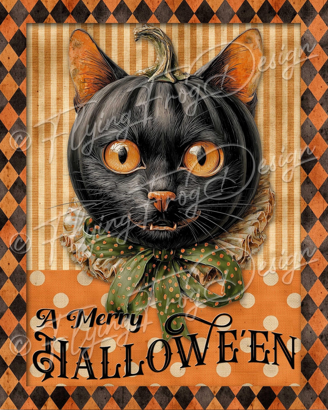 Vintage Primitive A Merry Halloween Black Cat Jack O' Lantern Collar 2 ...