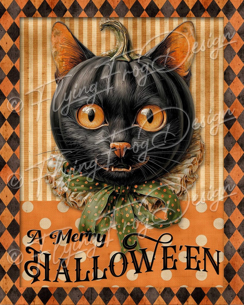 Vintage Primitive A Merry Halloween Black Cat Jack O' Lantern Collar 2 ...