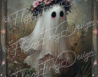 Whimsical Spooky Halloween Girl Sheet Ghost Pink Flowers Crown Stars La Boo UV-Coated Aluminum Metal Door Decor Wreath Sign Made in the USA