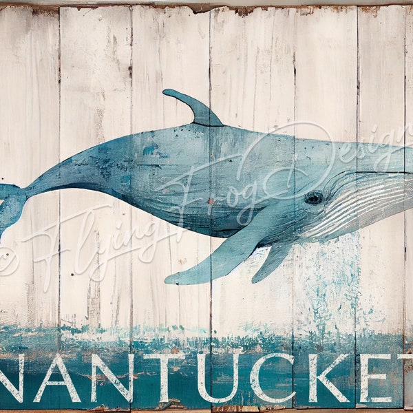 Vintage Whale Nantucket Sea Beach Ocean Blue Distressed UV-Coated Aluminum Wreath Sign Door Decor Wreath Proudly Made in the USA