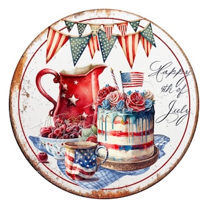 Vintage American 4th Cake UV-Coated Aluminum Metal Round Door Decor Wreath Sign Made in the USA