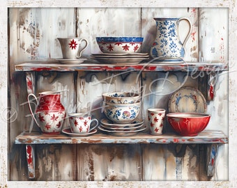 Vintage Americana Primitive Pottery Red White & Blue Bowls Weathered UV-Coated Aluminum Metal Wall Door Decor Wreath Sign Made in the USA
