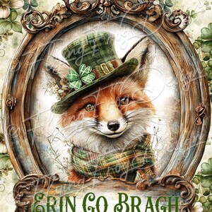 May include: A red fox wearing a green leprechaun hat with a shamrock and a green plaid scarf. The fox is framed in a wooden frame with the words "Erin Go Bragh" written on a sign below the fox.