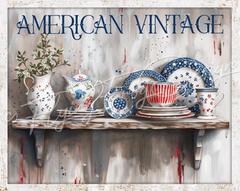 Vintage Americana Primitive Pottery Red White & Blue Shelf Weathered UV-Coated Aluminum Metal Wall Door Decor Wreath Sign Made in the USA