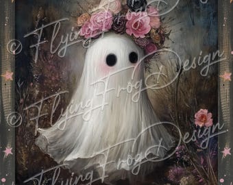 Whimsical Spooky Halloween Girl Sheet Ghost Pink Flowers Crown Starry UV-Coated Aluminum Metal Door Decor Wreath Sign Made in the USA