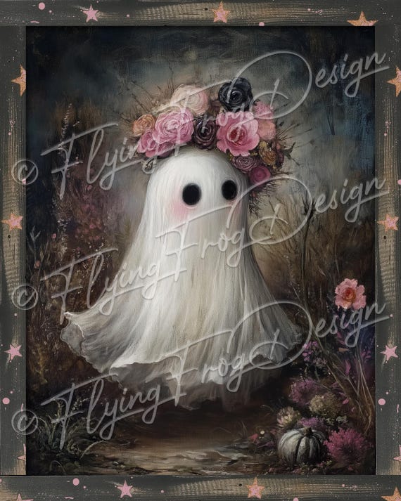 Whimsical Spooky Halloween Girl Sheet Ghost Pink Flowers Crown Starry UV-Coated Aluminum Metal Door Decor Wreath Sign Made in the USA