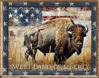 Vintage Americana Patriotic July 4th Flag Sweet Land Of Liberty Buffalo UV-Coated Aluminum Metal Wall Door Decor Wreath Sign Made in the USA
