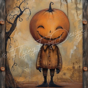 May include: A smiling pumpkin-headed character wearing a brown shirt and black pants stands in front of a brown wooden background with a tree and spiderweb. The text "A Jolly Hallowe'en" is at the bottom of the image.