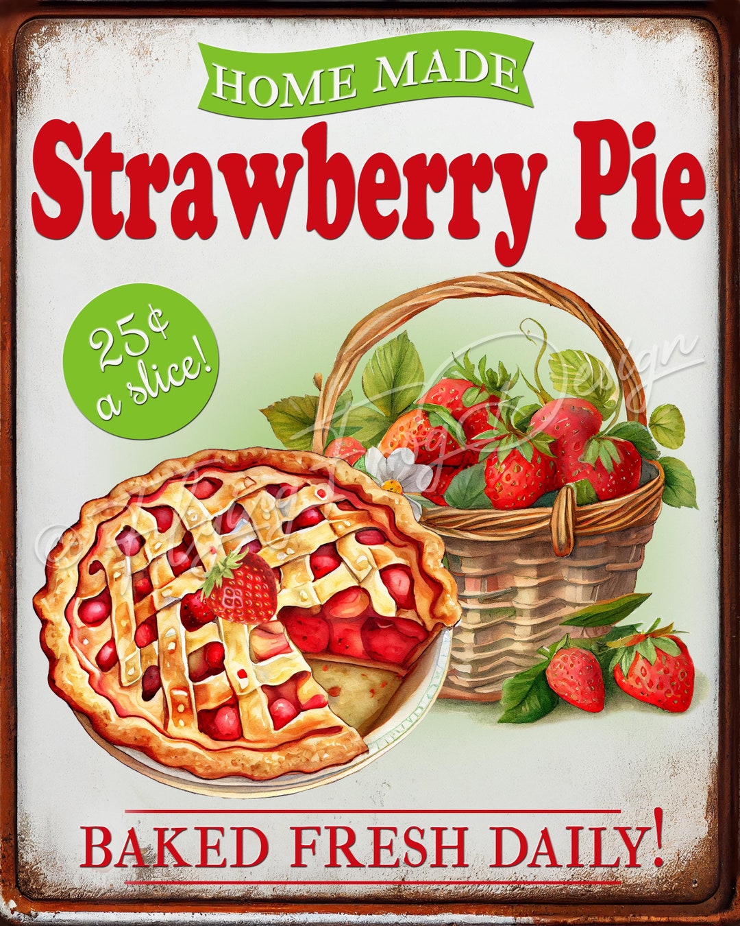 Vintage Strawberry Pie Wreath Sign Strawberries Basket Bakery Uv-coated ...