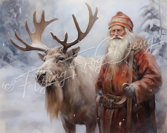 May include: A white reindeer with large antlers stands next to a man wearing a red and white Santa suit. The man has a long white beard and is holding a staff. The background is a snowy forest.