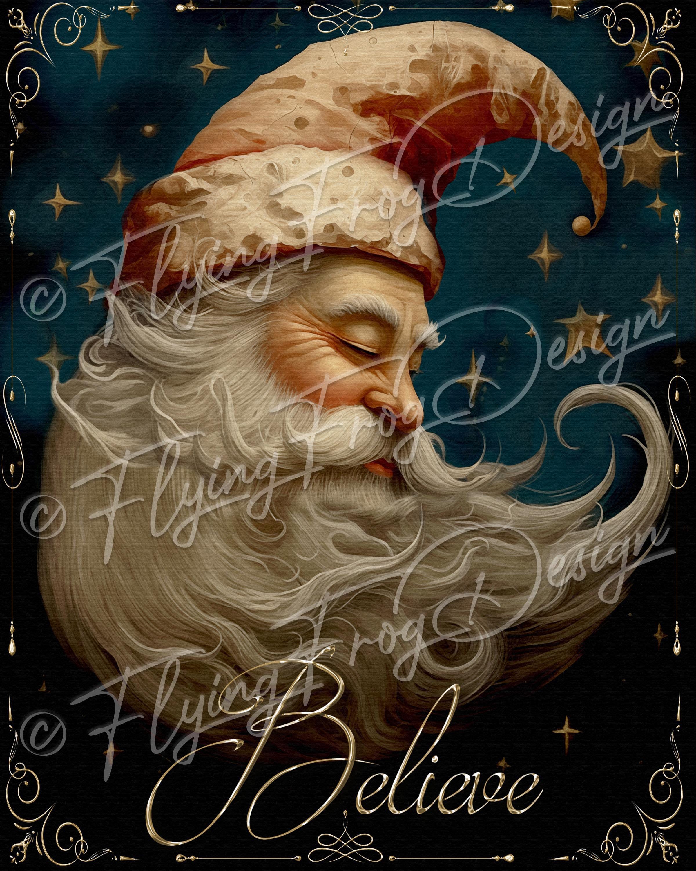 SANTAサイン入りポラロイド Primitive Surreal Santa Claus Crescent Moon Face Stars Believe Uv