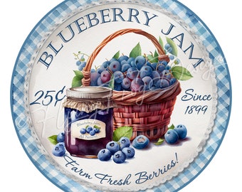 Vintage Blueberry Jam Round Wreath Sign Blueberries Basket UV-Coated Aluminum Metal Round Door Decor Wreath Sign Made in the USA