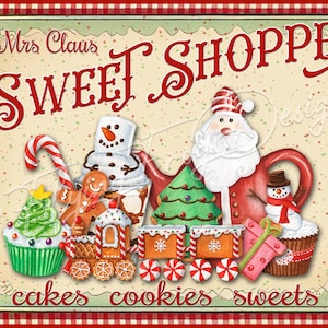 Vintage Mrs. Claus Sweet Shoppe Cake Cookies Sweets Red Christmas Wreath Sign UV-Coated Aluminum Door Decor Proudly Made in the USA