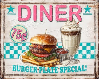 Vintage Diner Burger Fries Milkshake Plate Special Checkered Pink Aqua UV-Coated Aluminum Metal Door Decor Wreath Sign Made in the USA