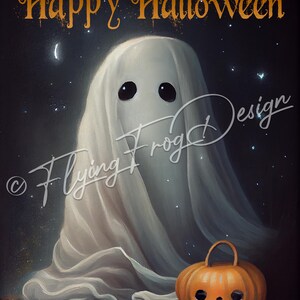 May include: A white ghost with large black eyes sits on a dark background with a small orange jack-o'-lantern in front of it. The text "Happy Halloween" is at the top of the image.