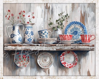 Vintage Americana Primitive Pottery Red White & Blue  Weathered UV-Coated Aluminum Metal Wall Door Decor Wreath Sign Made in the USA